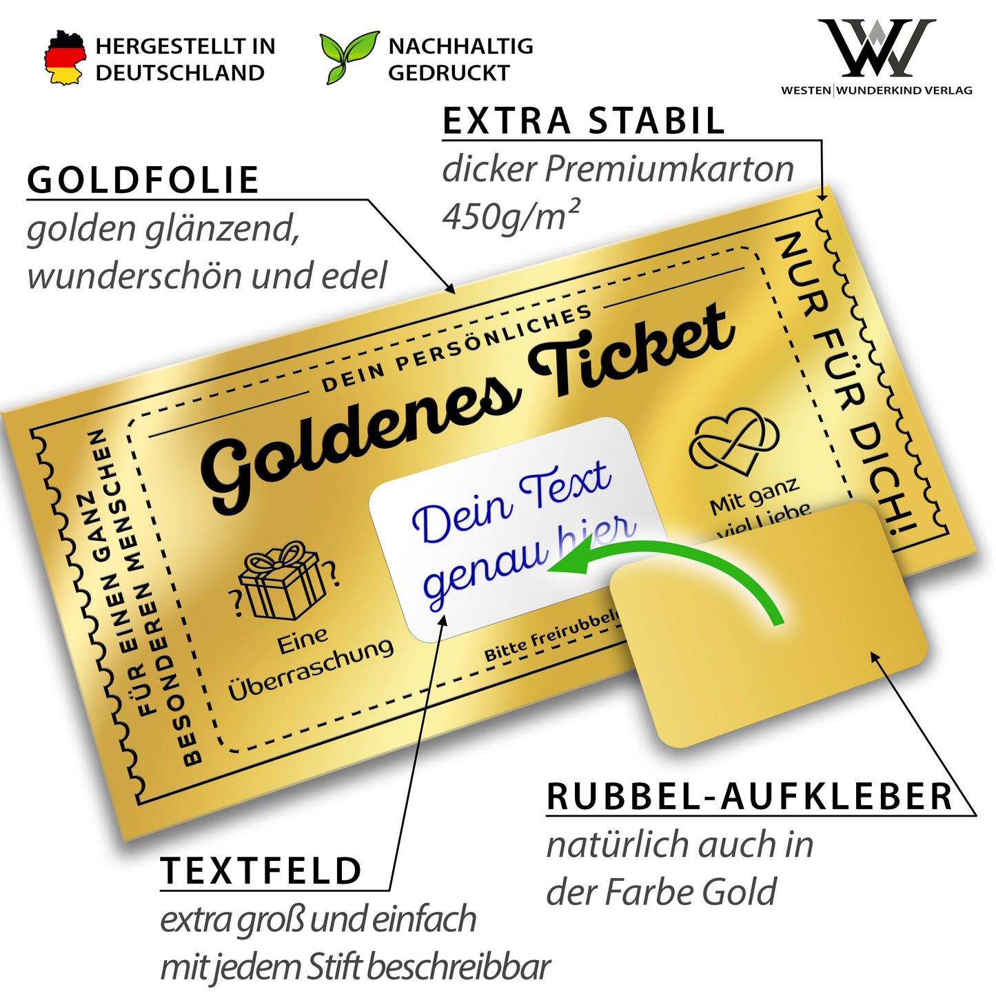 Das GOLDENE TICKET: Gutschein Karte zum selber ausfüllen mit Rubbelaufkleber
