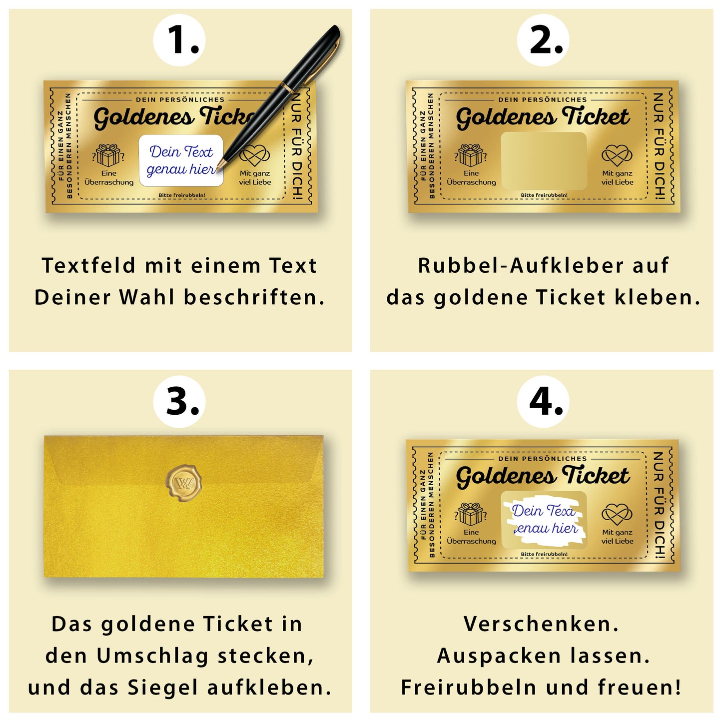 Das GOLDENE TICKET: Gutschein Karte zum selber ausfüllen mit Rubbelaufkleber